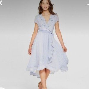 Melonie Ruffle Faux Wrap Midi Dress Cap Sleeve Lined Tie-Waist Stripe-Blue